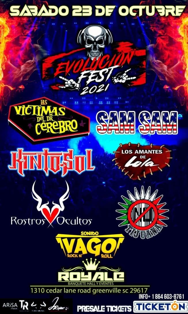 Event - KINTOSOL-VICTIMAS DEL DR CEREBRO-LOS AMANTES DE LOLA-ROSTROS OCULTOS-TIJUNA NO-SAM SAM-SONIDOVAGO- EVOLUCION TOUR- SC - Greenville, South Carolina - 23 de octubre de 2021 | concert tickets
