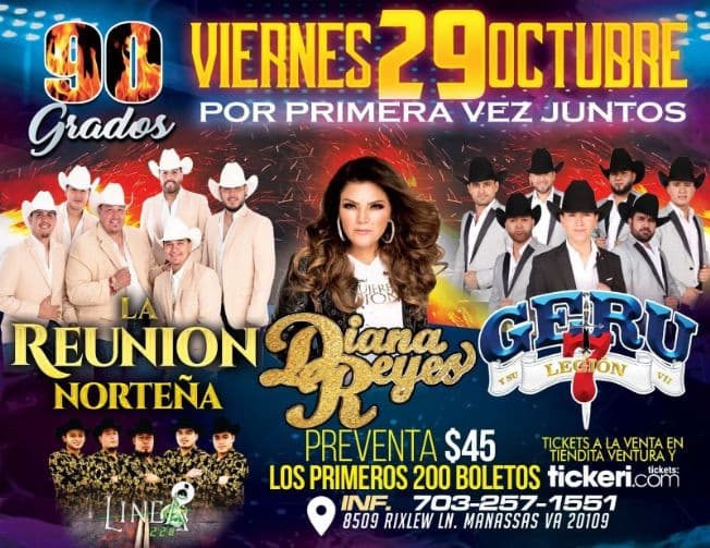 Event - LA REUNION NORTEÑA, DIANA REYES, GERU Y SU LEGION 7 EN VIVO ! MANASSAS VIRGINIA - Manassas, Virginia - October 29, 2021 | concert tickets