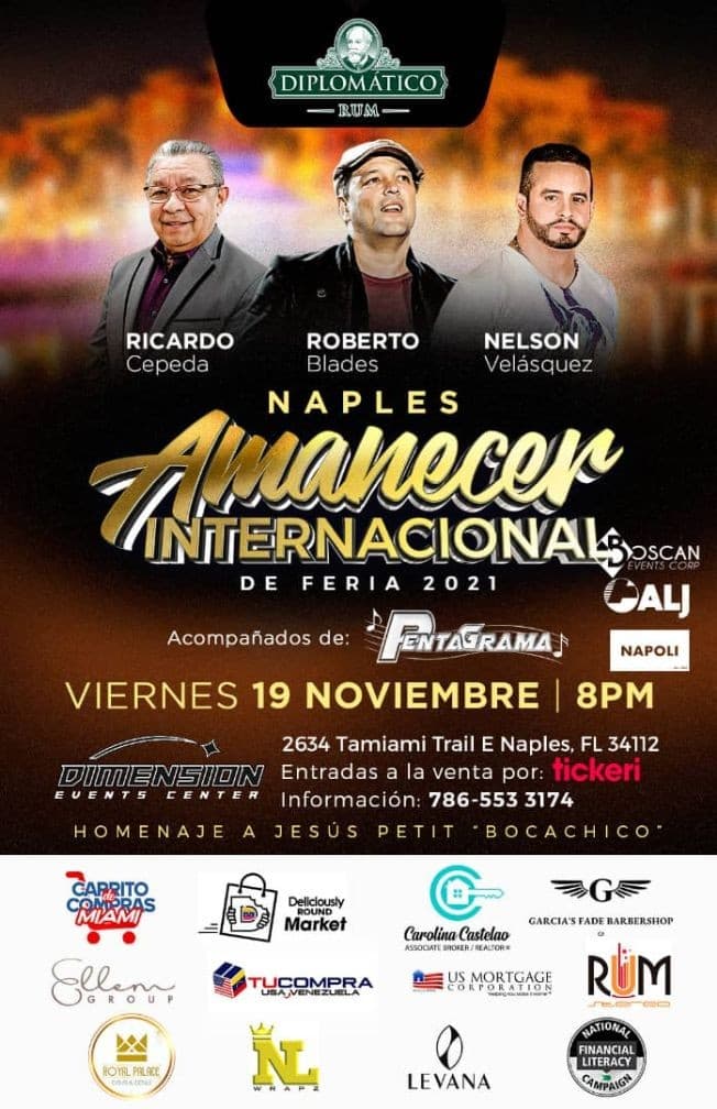Event - RICARDO CEPEDA - ROBERTO BLADES - NELSON VELASQUEZ - NAPLES AMANECER INTERNATIONAL FERIA - NAPLES FLORIDA - CANCELADO - Naples, Florida - November 19, 2021 | concert tickets