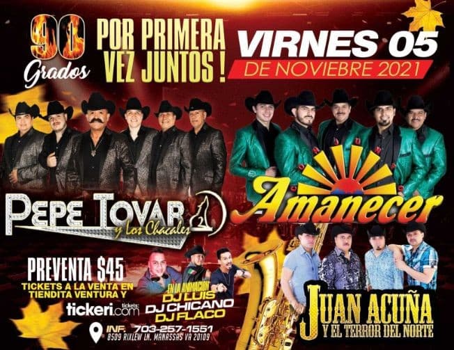 Event - PEPE TOVAR Y LOS CHACALES, CONJUNTO AMANECER, JUAN ACUÑA Y EL TERROR DEL NORTE EN VIVO ! MANASSAS VIRGINIA - Manassas, Virginia - November 5, 2021 | concert tickets