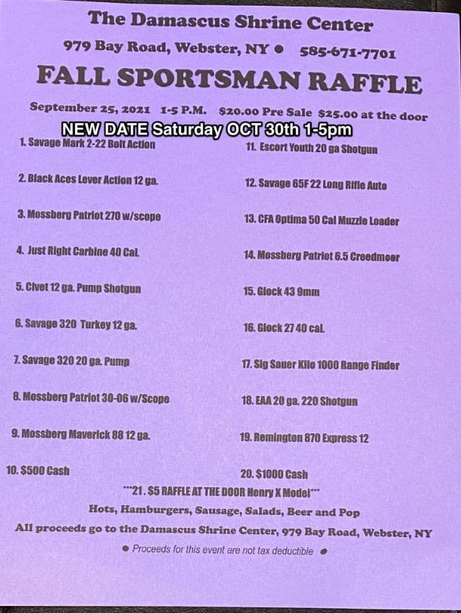 Event - Damascus Shriners Fall Sportsman Raffle - Webster, New York - October 30, 2021 | concert tickets