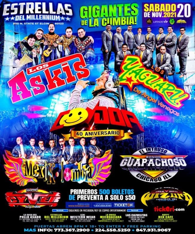 Event - LOS ASKIS - LOS YAGUARU - SONIDO CONDOR 40TH ANIVERSARIO - MEXIKOLOMBIA -GIGANTES DE LA CUMBIA -  ELGIN CHICAGO - Elgin, Illinois - 20 de noviembre de 2021 | concert tickets