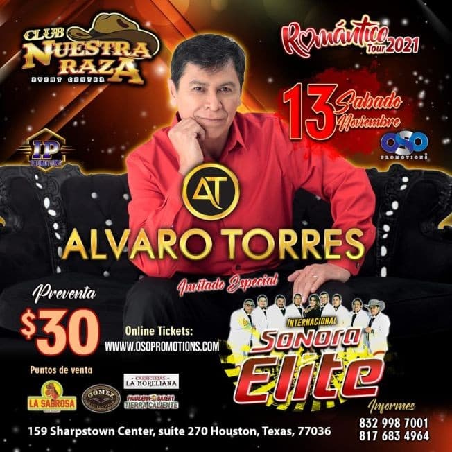 Event - ALVARO TORRES EN CONCIERTO -ROMANTICO TOUR 2021  junto a INTERCIONAL SONARA ELITE - HOUSTON TEXAS - Houston, Texas - November 13, 2021 | concert tickets