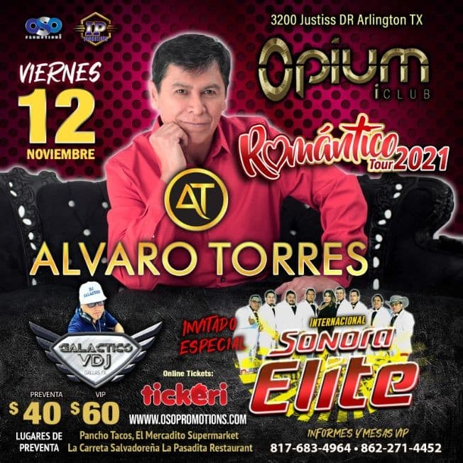 Event - ALVARO TORRES - INTERNACIONAL SONORA ELITE- ROMANTICO TOUR 2021- ARLINGTON  TEXAS - Arlington, Texas - November 12, 2021 | concert tickets