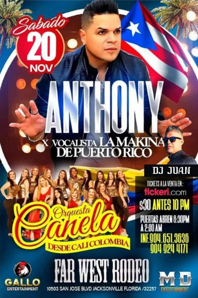 Event - ANTHONY " EX VOCALISTA LA MAKINA DE PUERTO RICO ", ORQUESTA CANELA " DESDE CALI COLOMBIA " EN VIVO ! JACKSONVILLE FLORIDA - Jacksonville, Florida - 20 de noviembre de 2021 | concert tickets
