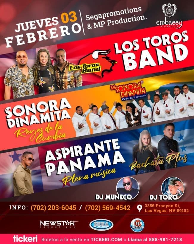 Event - LOS TOROS BAND- SONORA DINAMITA - ASPIRANTE PANAMA - BACHATA PLUS- SEGA & MP- LAS VEGAS NEVADA - Las Vegas, Nevada - February 3, 2022 | concert tickets