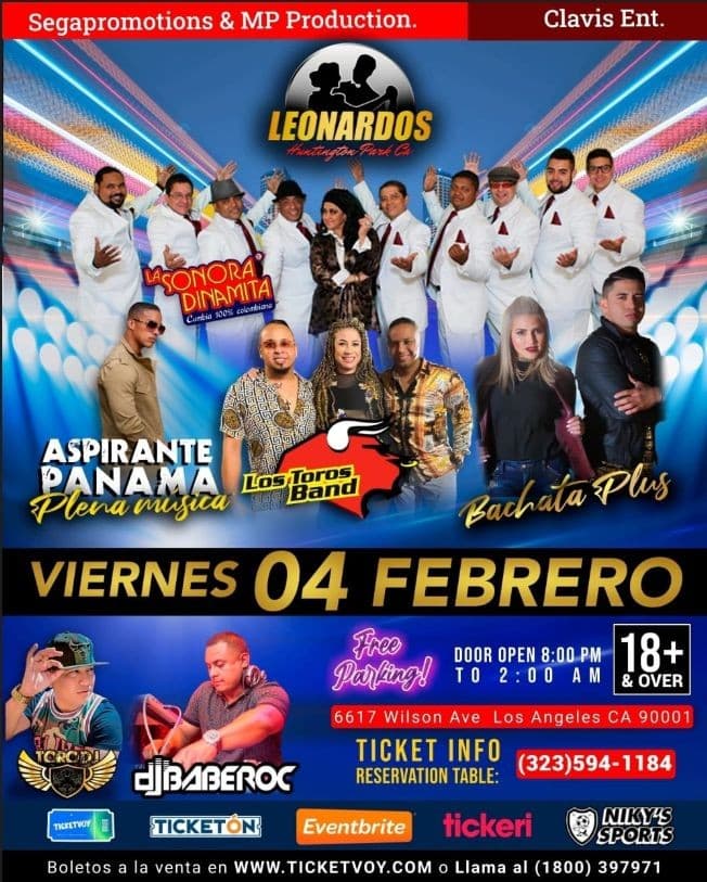 Event - SONORA DINAMITA- LOS TOROS BAND- ASPIRANTE PANAMA-BACHATA PLUS -SEGA & MP- HUNTINGTON PARK CALIFORNIA - Los Angeles, California - February 4, 2022 | concert tickets