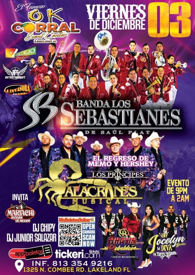 Event - BANDA LOS SEBASTIANES, ALACRANES MUSICAL, JOCELYN BENITEZ LA DIVA DE TIERRA CALIENTE EN VIVO ! LAKELAND FLORIDA - Lakeland, Florida - December 3, 2021 | concert tickets