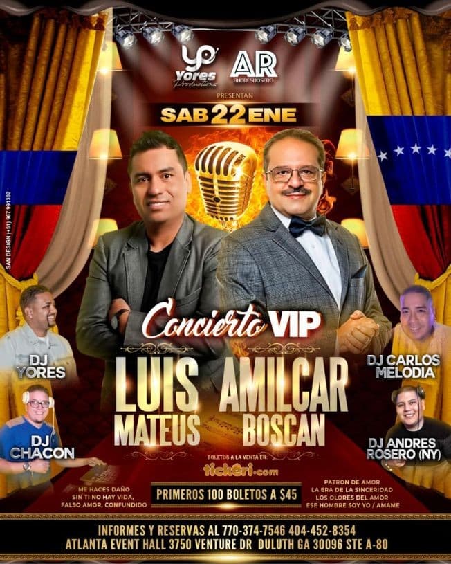 Event - CONCIERTO VIP CON LUIS MATEUS & AMILCAR BOSCAN POR PRIMERA VEZ EN ATLANTA - POSTPONED - Lawrenceville, Georgia - January 22, 2022 | concert tickets