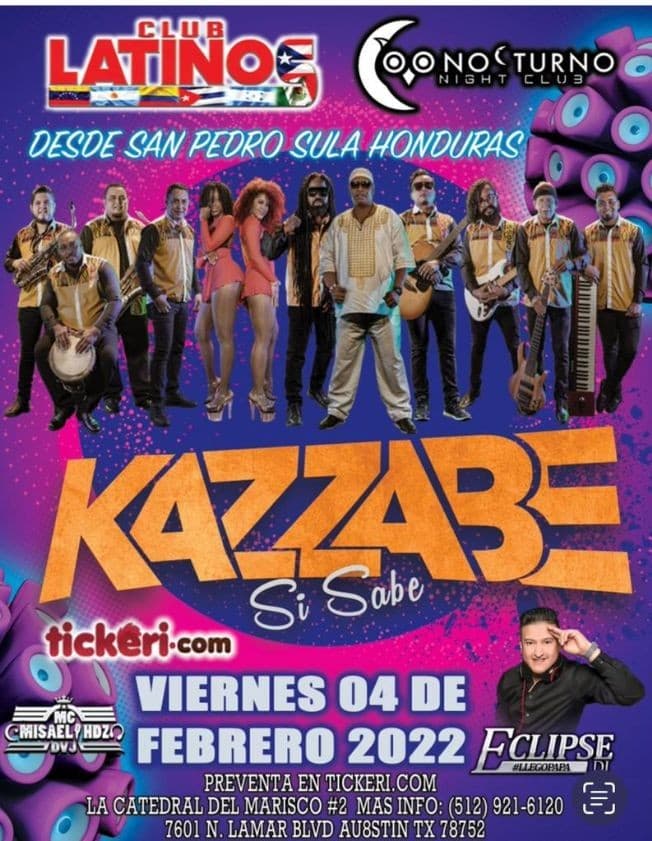 Event - Kazzabe En Vivo (Austin, TX) - Club Latinos - Austin, Texas - February 4, 2022 | concert tickets