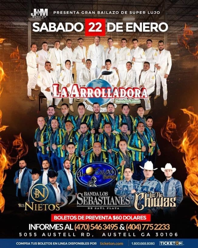 Event - LA ARROLLADORA BANDA EL LIMON, BANDA LOS SEBASTIANES, LOS BISNIETOS, LOS DE CHIWAS EN VIVO ! AUSTELL GEORGIA - AUSTELL, Georgia - January 22, 2022 | concert tickets