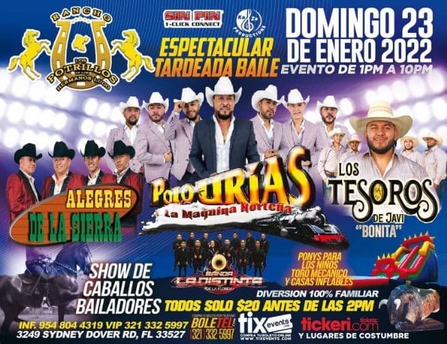 Event - ALEGRES DE LA SIERRA, POLO URIAS Y LA MAQUINA NORTEÑA, LOS TESOROS DE JAVI EN VIVO !  DOVER FLORIDA - Dover, Florida - January 23, 2022 | concert tickets
