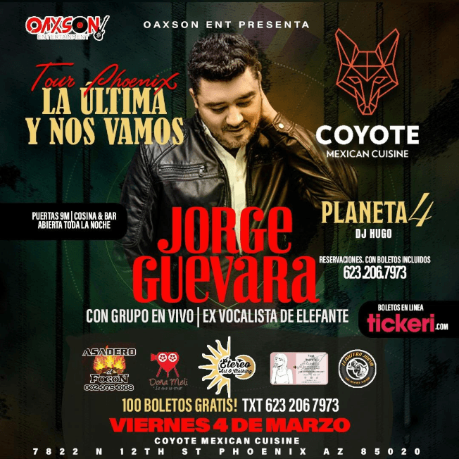 Event - JORGE GUEVARA " TOUR PHOENIX LA ULTIMA Y NOS VAMOS " PHOENIX ARIZONA - Phoenix, Arizona - March 4, 2022 | concert tickets