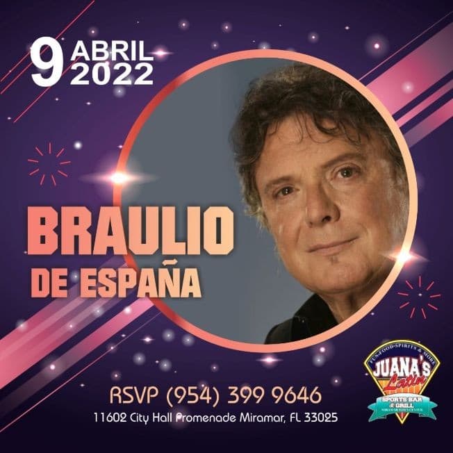 Event - BRAULIO EN CONCIERTO ROMANTICO EN JUANAS LATIN SPORTS BAR - Miramar, Florida - April 9, 2022 | concert tickets