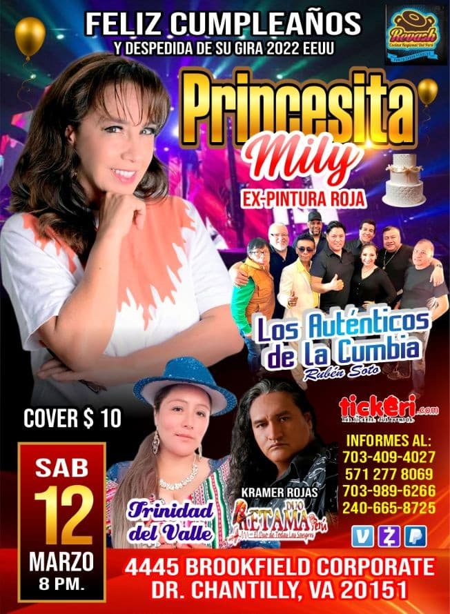 Event - FELIZ CUMPLEAÑOS Y DESPEDIDA A PRINCESITA MILY (Ex-Pintura Roja) - Chantilly, Virginia - March 12, 2022 | concert tickets