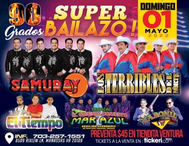 Event - GRUPO SAMURAY, LOS TERRIBLES DEL NORTE, EL TIEMPO, EL ORIGINAL CONJUNTO MAR AZUL, VARONIL EN VIVO ! MANASSAS VIRGINIA - Manassas, Virginia - May 1, 2022 | concert tickets