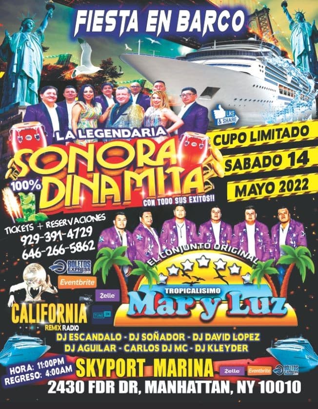 Event - Fiesta En Barco Con Sonora Dinamita + Mar y Luz + Radio Dj's + Dos Pisos De Musica Diferente - New York, New York - May 14, 2022 | concert tickets