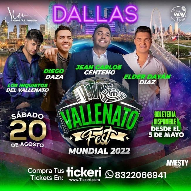 Event - VALLENATO FEST - JEAN CARLOS CENTENO-ELDER DAYAN-DIEGO DAZA-LOS INQUIETOS - DALLAS TX - Dallas, Texas - August 20, 2022 | concert tickets