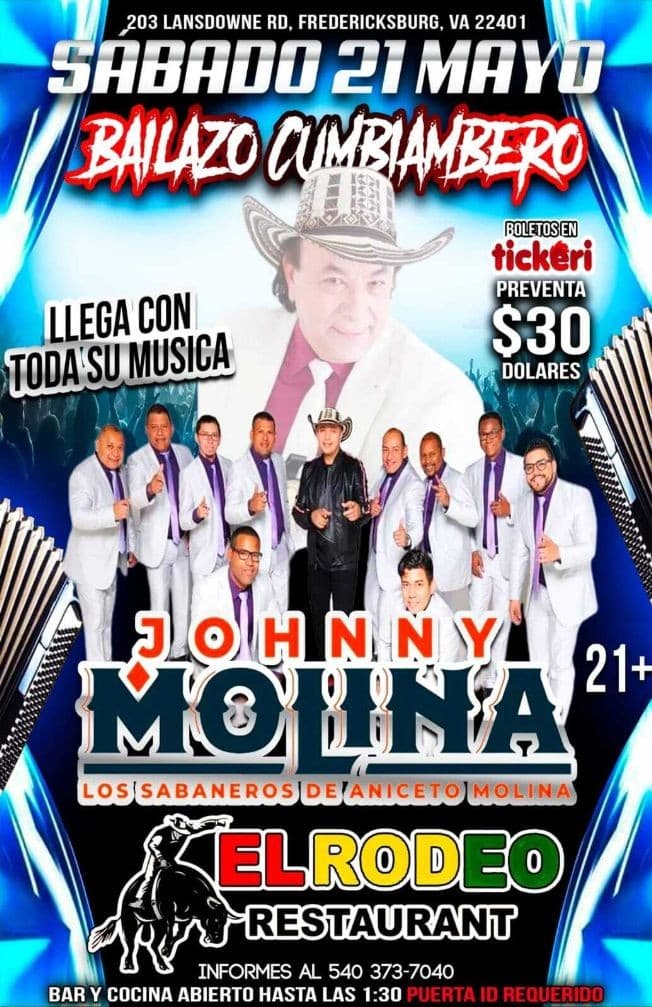 Event - JOHNNY MOLINA LOS SABANEROS DE ANICETO MOLINA, EN CONCIERTO! FREDERICKSBURG VIRGINIA - Fredericksburg, Virginia - May 21, 2022 | concert tickets