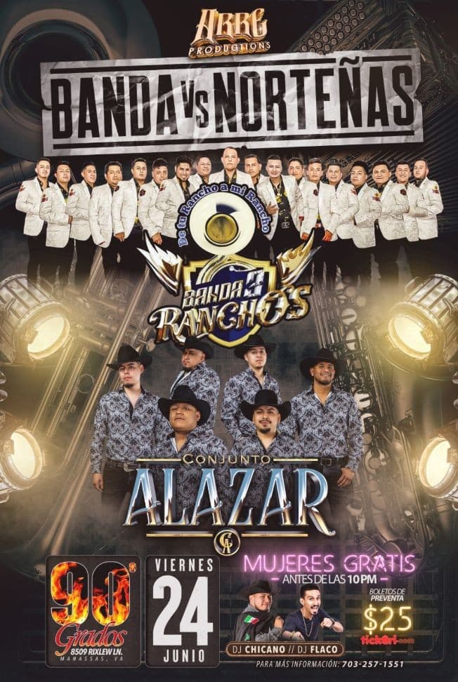 Event - Banda 3 Ranchos y Conjunto Alazar En Vivo! @ 90 Grados Nightclub, Manassas, Virginia - Manassas, Virginia - June 24, 2022 | concert tickets