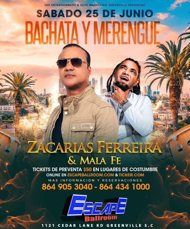 Event - zacaria ferreira y malafe bachata y merengue - Greenville, South Carolina - June 25, 2022 | concert tickets