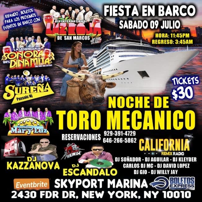 Event - Fiesta En Barco + Toro Mecanico + Dj's + Rifas + 2 Pisos De Musica - New York, New York - July 9, 2022 | concert tickets