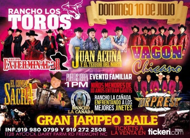 Event - GRAN JARIPEO BAILE GRUPO EXTERMINADOR , VAGON CHICANO , JUAN ACUNA , EL COMPA SACRA Y ZORPESA - Fremont, North Carolina - July 10, 2022 | concert tickets