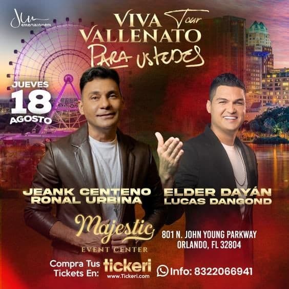 Event - VIVA VALLENATO TOUR- JEAN CARLOS CENTENO-RONAL URBINA -ELDER DAYAN - LUCAS DANGOND-ORLANDO FLORIDA - Orlando, Florida - August 18, 2022 | concert tickets