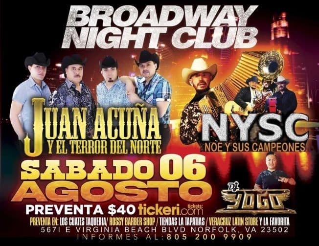 Event - JUAN ACUÑA Y EL TERROR DEL NORTE , NYSC NOE Y SUS CAMPEONES EN VIVO ! NORFOLK VIRGINIA - Norfolk, Virginia - August 6, 2022 | concert tickets