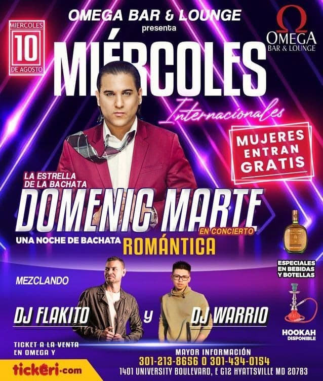 Event - DOMENIC MARTE EN VIVO OMEGA BAR & LOUNGE - Hyattsville, Maryland - August 10, 2022 | concert tickets