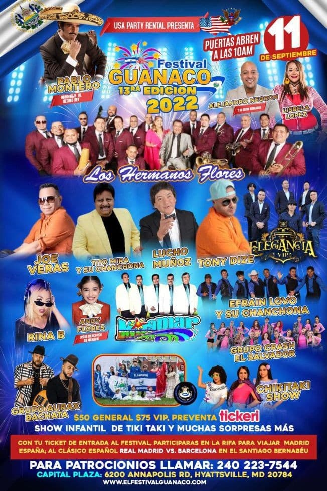 Event - EL FESTIVAL GUANACO 13ER AÑO EN HYATTSVILLE MD, JUNTO A TONY DIZE , JOE VERAS , LOS HNOS FLORES, Y MAS! - Landover Hills, Maryland - September 11, 2022 | concert tickets
