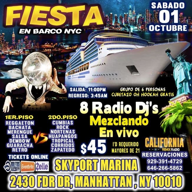 Event - Fiesta En Barco + Radio Dj's + Dos Pisos De Musica Diferente Un Solo Precio - New York, New York - October 1, 2022 | concert tickets