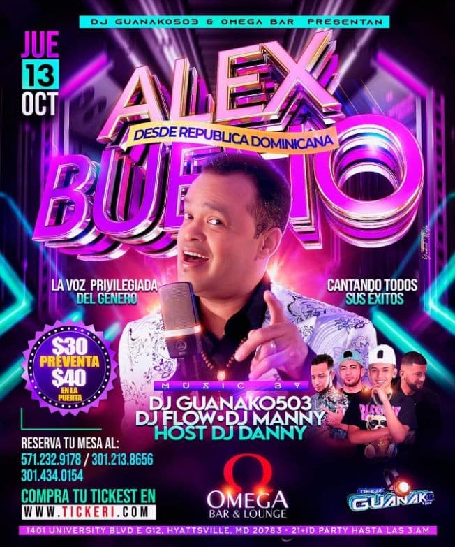 Event - ALEX BUENO EN CONCIERTO OMEGA BAR & LOUNGE - Hyattsville, Maryland - October 13, 2022 | concert tickets