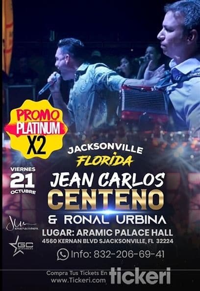 Event - JEAN CARLOS CENTENO & RONAL URBINA - JACKSONVILLE FLORIDA NUEVA FECHA - Jacksonville, Florida - October 21, 2022 | concert tickets