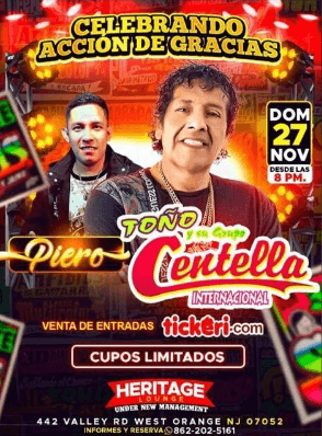 Event - PIERO , TOÑO Y SU GRUPO CENTELLA INTERNACIONAL EN VIVO! WEST ORANGE NEW JERSEY - West Orange, New Jersey - November 27, 2022 | concert tickets