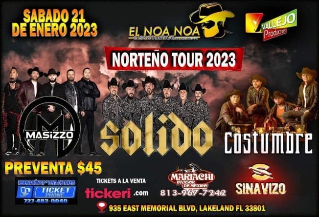 Event - MASIZZO , SOLIDO, COSTUMBRE EN VIVO ! LAKELAND FLORIDA - Lakeland, Florida - January 21, 2023 | concert tickets