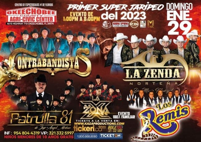 Event - LOS CONTRABANDISTAS , LA ZENDA NORTEÑA , PATRULLA 81 , LOS REMIS EN VIVO ! OKEECHOBEE FLORIDA - Okeechobee, Florida - January 29, 2023 | concert tickets