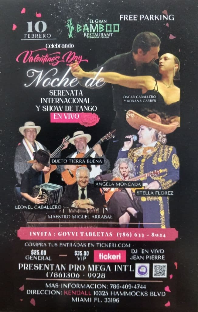 Event - NOCHE DE SERENATA & SHOW DE TANGO EN VIVO (HAPPY VALENTINE'S DAY) - Miami, Florida - February 10, 2023 | concert tickets