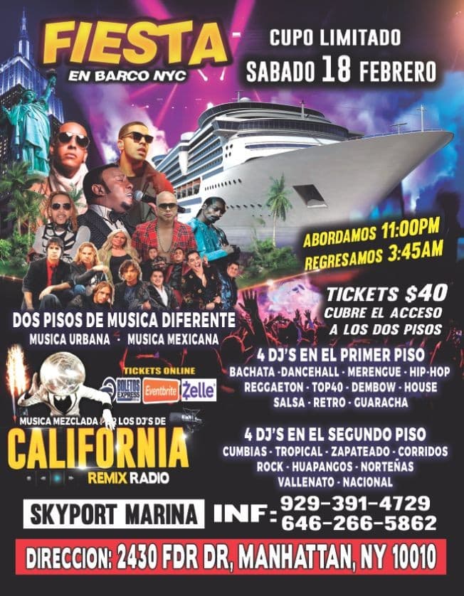 Event - Fiesta En Barco + Radio Djs + Urbano + Mexicano Manhattan Ny - New York, New York - February 18, 2023 | concert tickets