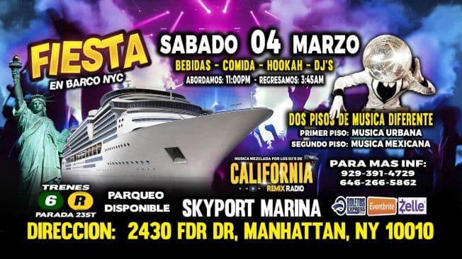 Event - Fiesta En Barco + Musica Urbana + Musica Mexicana + 8 Dj's + Manhattan Ny - New York, New York - March 4, 2023 | concert tickets