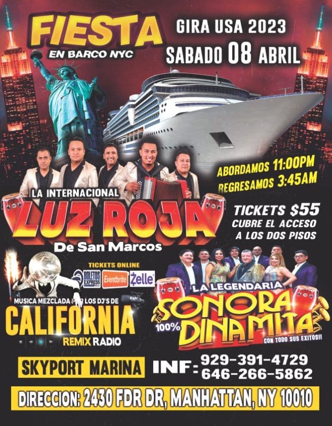 Event - Fiesta En Barco + LUZ ROJA + SONORA DINAMITA + 8 RADIO DJ'S + Manhattan Ny - New York, New York - April 8, 2023 | concert tickets