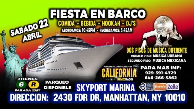 Event - Fiesta En Barco + Musica Urbana + Musica Mexicana + 8 Dj's + Manhattan Ny - New York, New York - April 22, 2023 | concert tickets