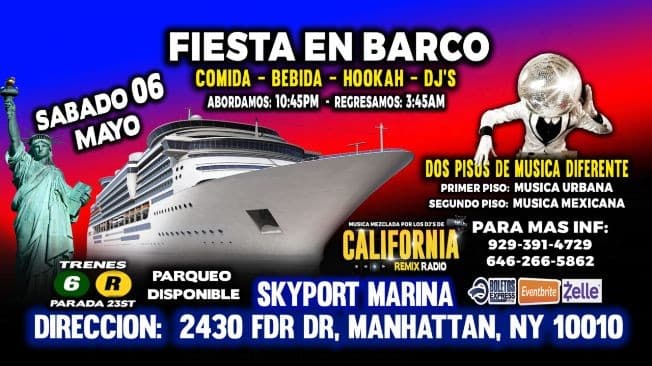 Event - Fiesta En Barco + Musica Urbana + Musica Mexicana + 8 Dj's + Manhattan Ny - New York, New York - May 6, 2023 | concert tickets