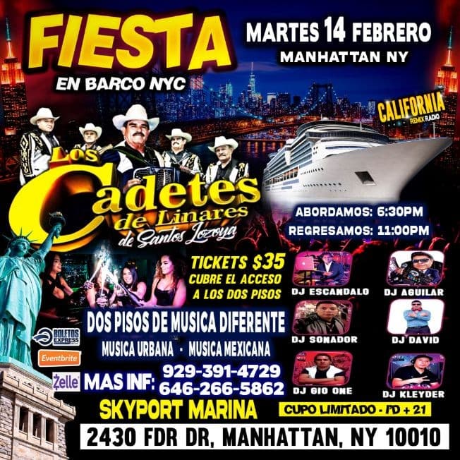 Event - Fiesta En Barco + Cadetes De Linares + Radio Dj's + Manhattan Ny - New York, New York - February 14, 2023 | concert tickets