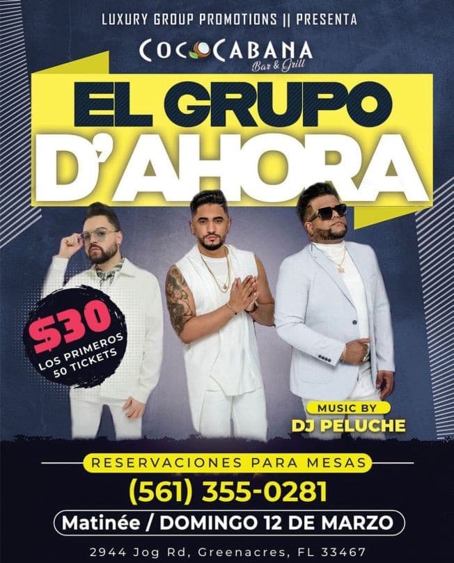 Event - Grupo D' Ahora @Cococabana Bar & Grill - Greenacres, Florida - March 12, 2023 | concert tickets