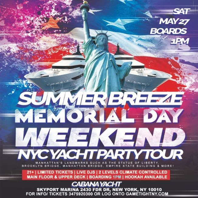 Event - Summer Breeze Memorial Day Weekend NYC Cabana Yacht Party Tour 2023 - New York, New York - May 27, 2023 | concert tickets