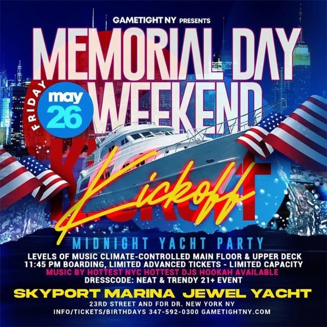 Event - NYC Memorial Day Weekend Friday Kickoff Jewel Yacht Party Cruise 2023 - New York, New York - May 26, 2023 | concert tickets
