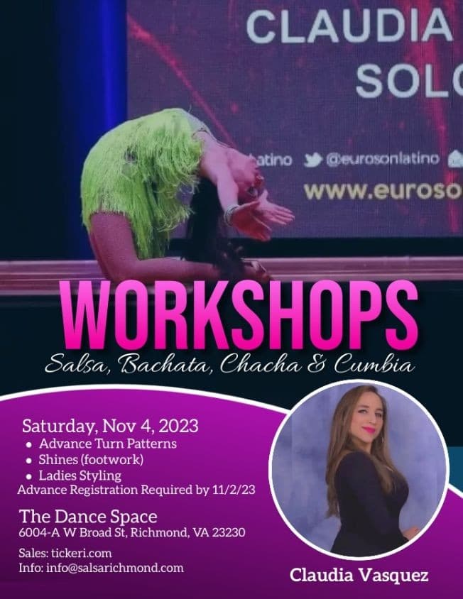 Event - Salsa, Bachata, Cha-cha and Cumbia lessons with Professional dancer and instructor Claudia Vasquez - SALSARICHMONDSGR - CANCELLED - Richmond, Virginia - November 4, 2023 | concert tickets