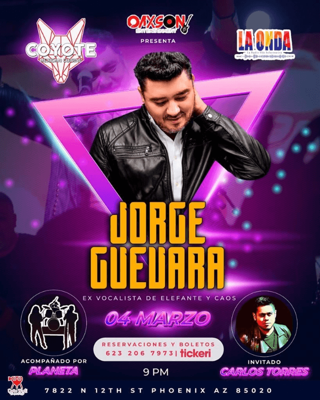 Event - JORGE GUEVARA - EX CANTANTE DE ELEFANTE Y CAOS EN VIVO ! PHOENIX ARIZONA - Phoenix, Arizona - 4 de marzo de 2023 | concert tickets