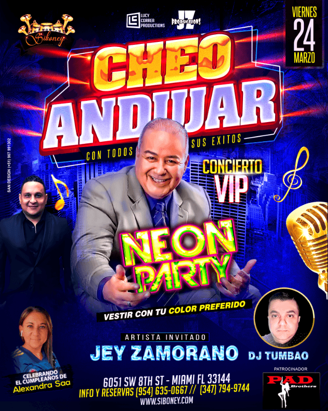 Event - NEON PARTY CONCIERTO VIP CON CHEO ANDUJAR CON TODOS SUS EXITOS EN MIAMI FLORIDA - West Miami, Florida - March 24, 2023 | concert tickets